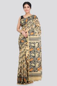 PinkLoom Women's beige hand woven cotton sarees With Blouse