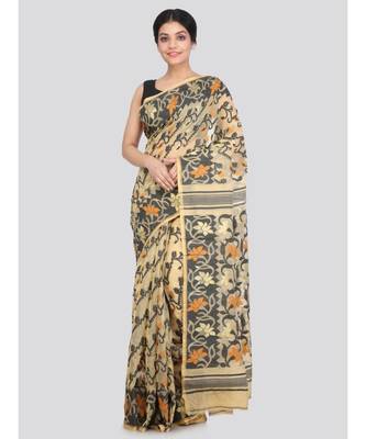 PinkLoom Women's beige hand woven cotton sarees With Blouse 1