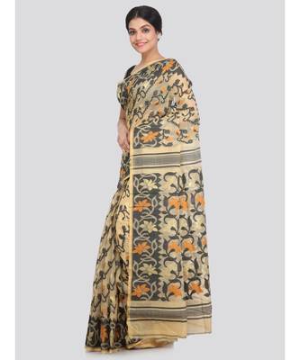 PinkLoom Women's beige hand woven cotton sarees With Blouse 2