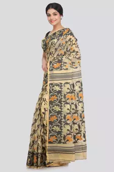 PinkLoom Women's beige hand woven cotton sarees With Blouse