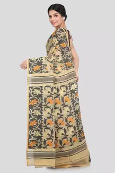 PinkLoom Women's beige hand woven cotton sarees With Blouse