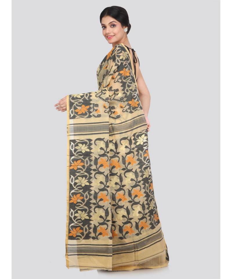 PinkLoom Women's beige hand woven cotton sarees With Blouse