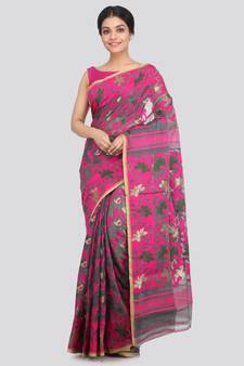 PinkLoom Women's grey hand woven cotton sarees With Blouse