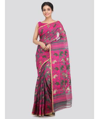 PinkLoom Women's grey hand woven cotton sarees With Blouse 1