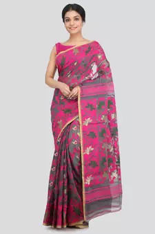 PinkLoom Women's grey hand woven cotton sarees With Blouse