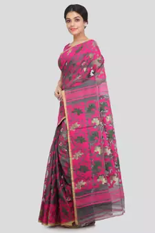 PinkLoom Women's grey hand woven cotton sarees With Blouse