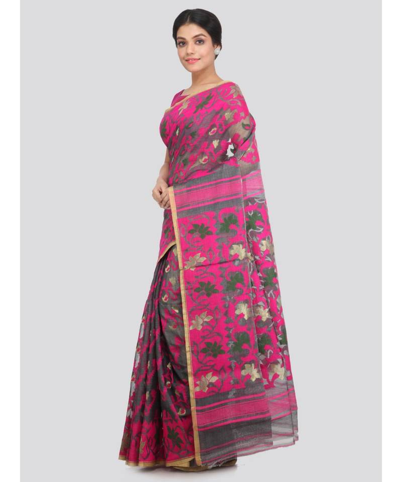 PinkLoom Women's grey hand woven cotton sarees With Blouse