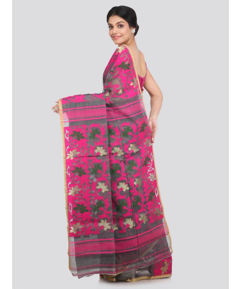 PinkLoom Women's grey hand woven cotton sarees With Blouse