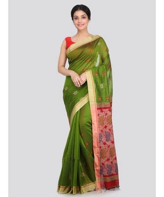 PinkLoom Women's green hand woven cotton silk sarees With Blouse 1