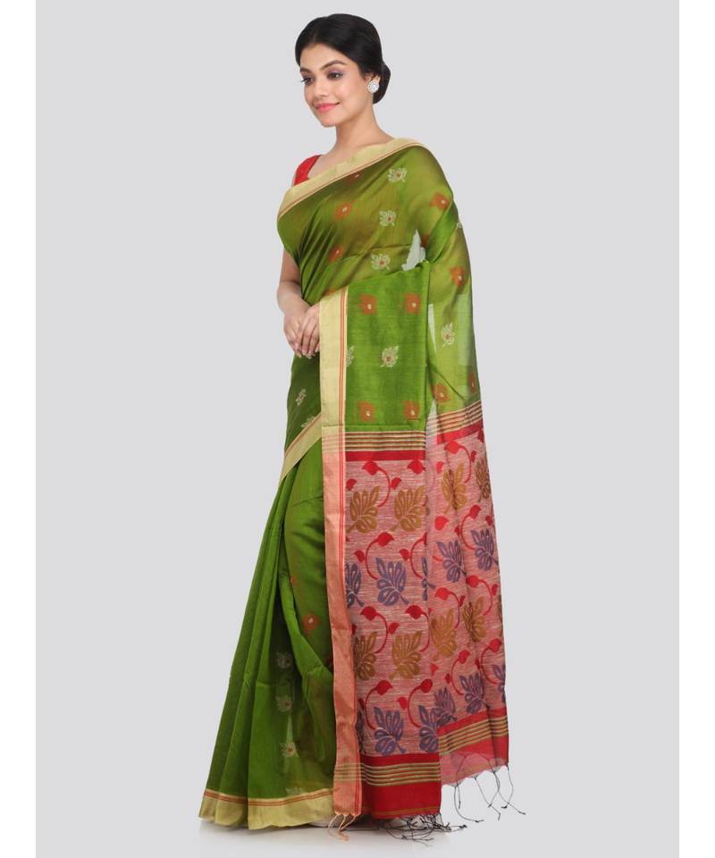 PinkLoom Women's green hand woven cotton silk sarees With Blouse