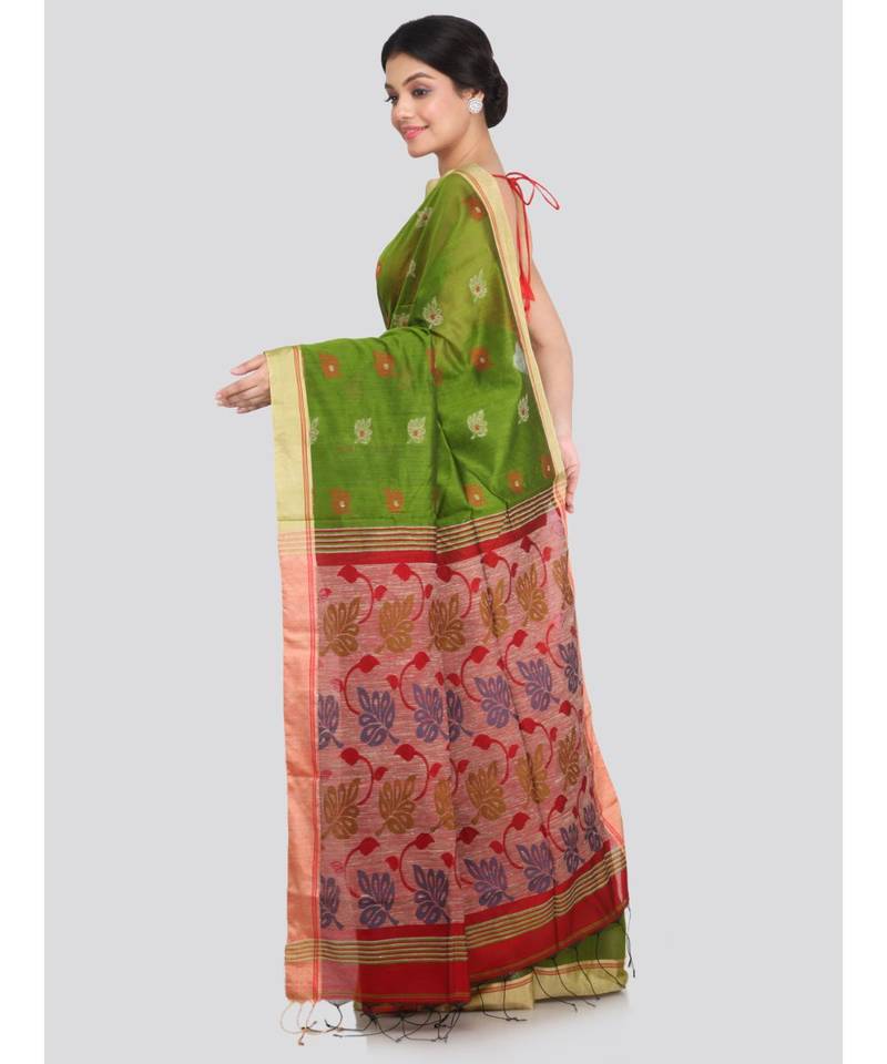 PinkLoom Women's green hand woven cotton silk sarees With Blouse