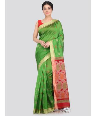 PinkLoom Women's green hand woven cotton silk sarees With Blouse 1