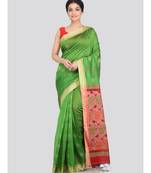 PinkLoom Women's green hand woven cotton silk sarees With Blouse