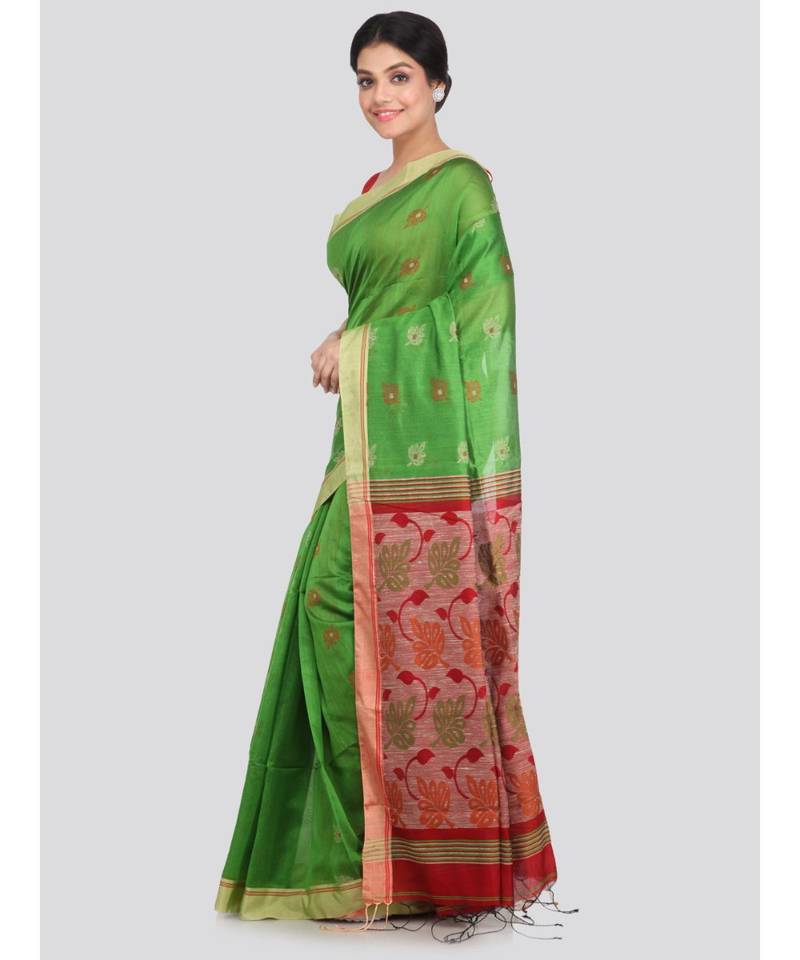 PinkLoom Women's green hand woven cotton silk sarees With Blouse