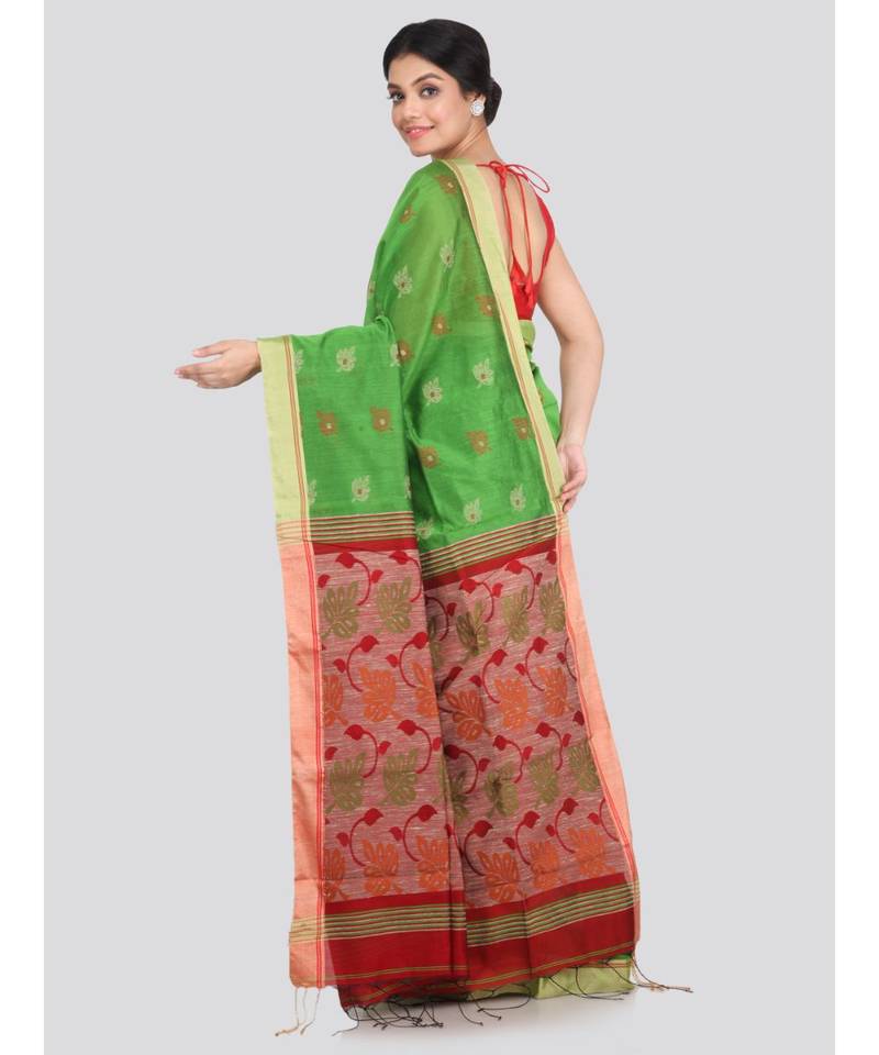 PinkLoom Women's green hand woven cotton silk sarees With Blouse