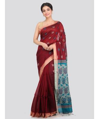 PinkLoom Women's maroon hand woven cotton silk sarees With Blouse 1