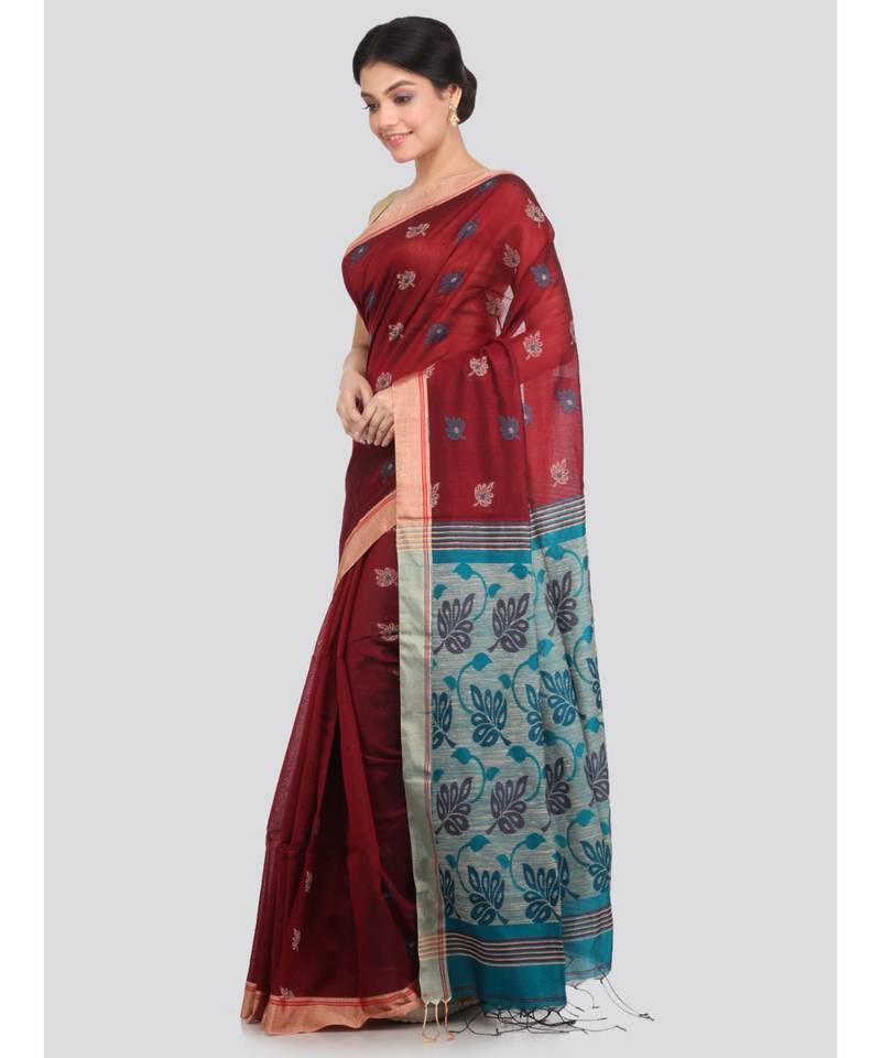 PinkLoom Women's maroon hand woven cotton silk sarees With Blouse