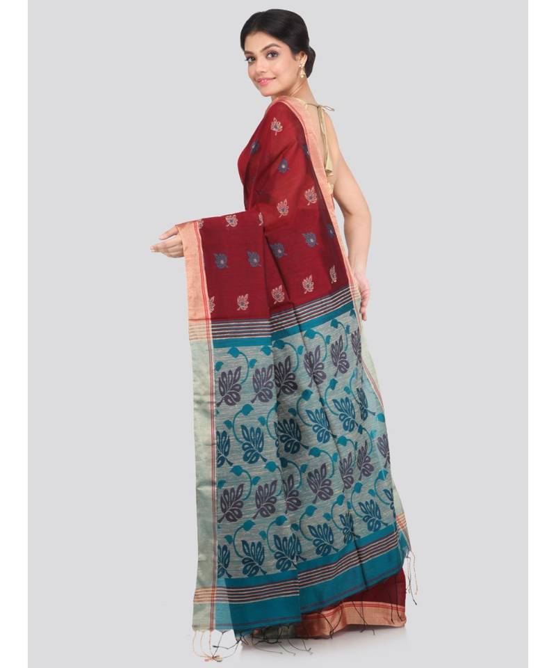 PinkLoom Women's maroon hand woven cotton silk sarees With Blouse