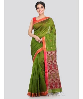 PinkLoom Women's green hand woven cotton silk sarees With Blouse 1