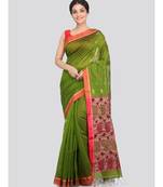 PinkLoom Women's green hand woven cotton silk sarees With Blouse