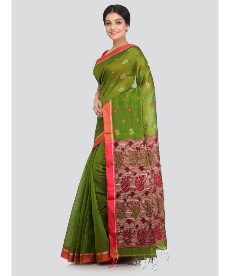 PinkLoom Women's green hand woven cotton silk sarees With Blouse
