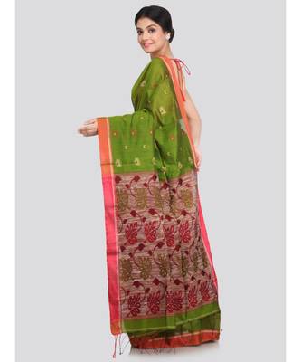 PinkLoom Women's green hand woven cotton silk sarees With Blouse 3