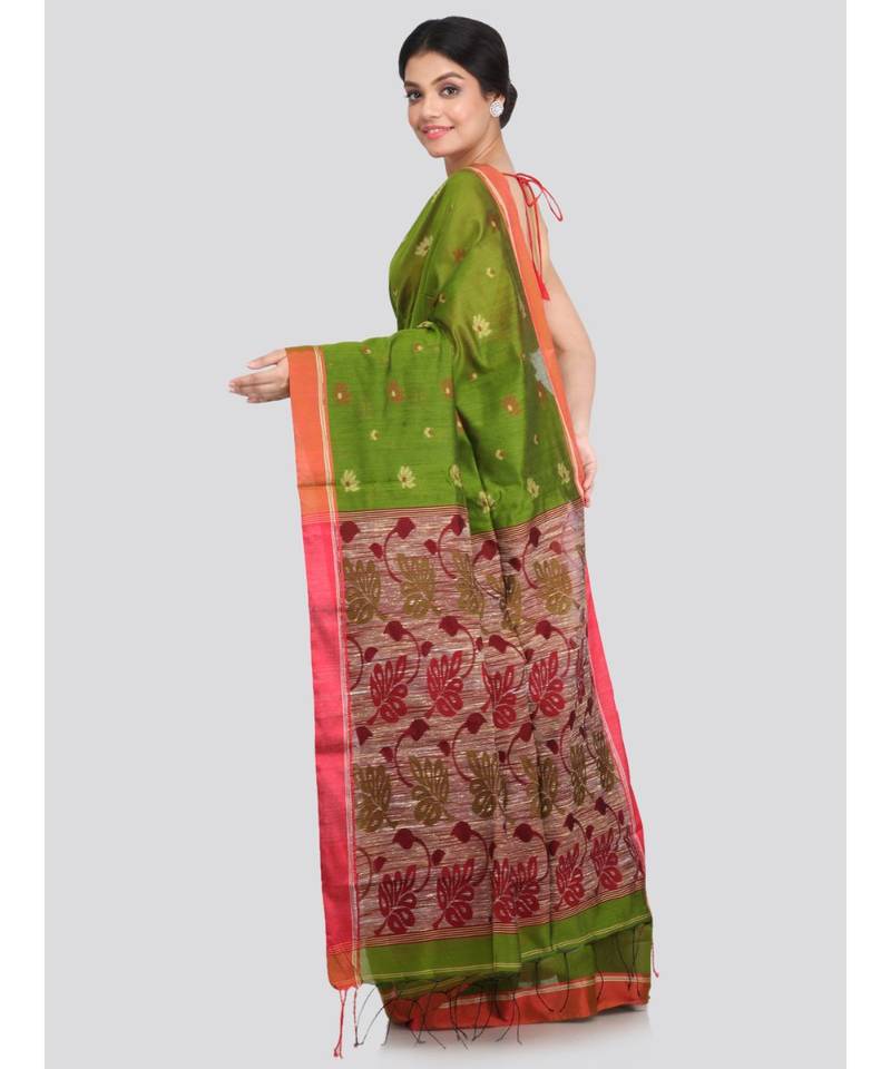 PinkLoom Women's green hand woven cotton silk sarees With Blouse