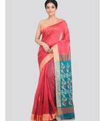 PinkLoom Women's multicolor hand woven cotton silk sarees With Blouse