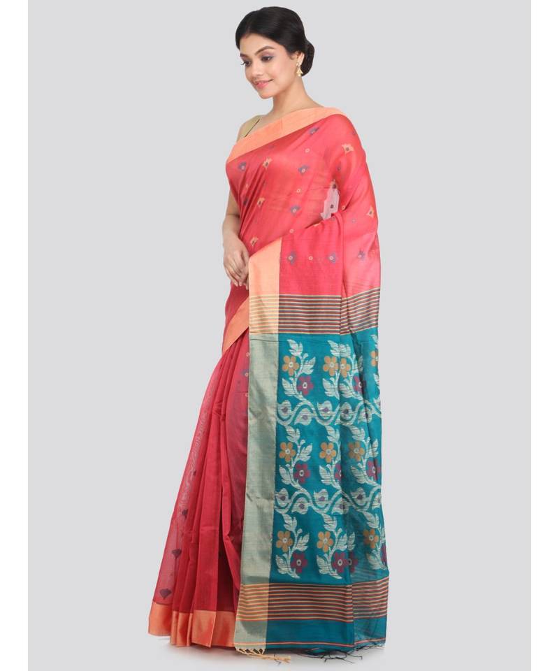 PinkLoom Women's multicolor hand woven cotton silk sarees With Blouse