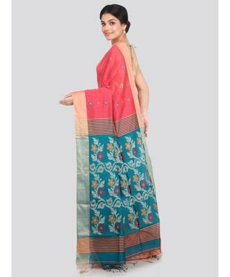 PinkLoom Women's multicolor hand woven cotton silk sarees With Blouse 3