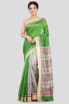 PinkLoom Women's green hand woven cotton silk sarees With Blouse