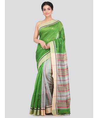 PinkLoom Women's green hand woven cotton silk sarees With Blouse 1