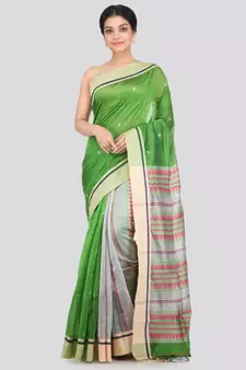 PinkLoom Women's green hand woven cotton silk sarees With Blouse