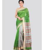 PinkLoom Women's green hand woven cotton silk sarees With Blouse