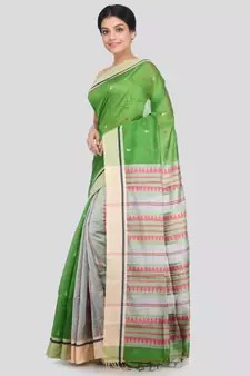 PinkLoom Women's green hand woven cotton silk sarees With Blouse