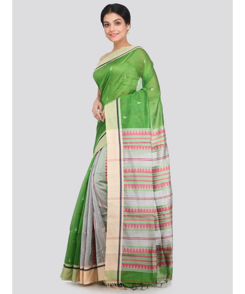 PinkLoom Women's green hand woven cotton silk sarees With Blouse