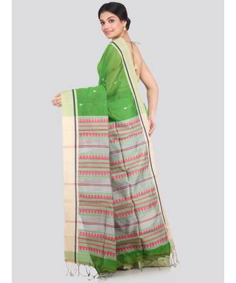 PinkLoom Women's green hand woven cotton silk sarees With Blouse 3