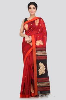 PinkLoom Women's red hand woven cotton silk sarees With Blouse
