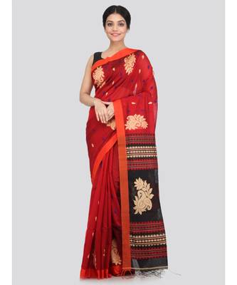 PinkLoom Women's red hand woven cotton silk sarees With Blouse 1