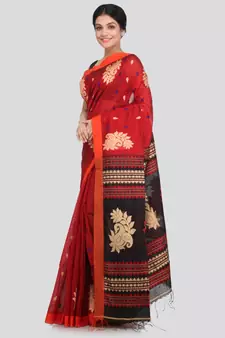 PinkLoom Women's red hand woven cotton silk sarees With Blouse