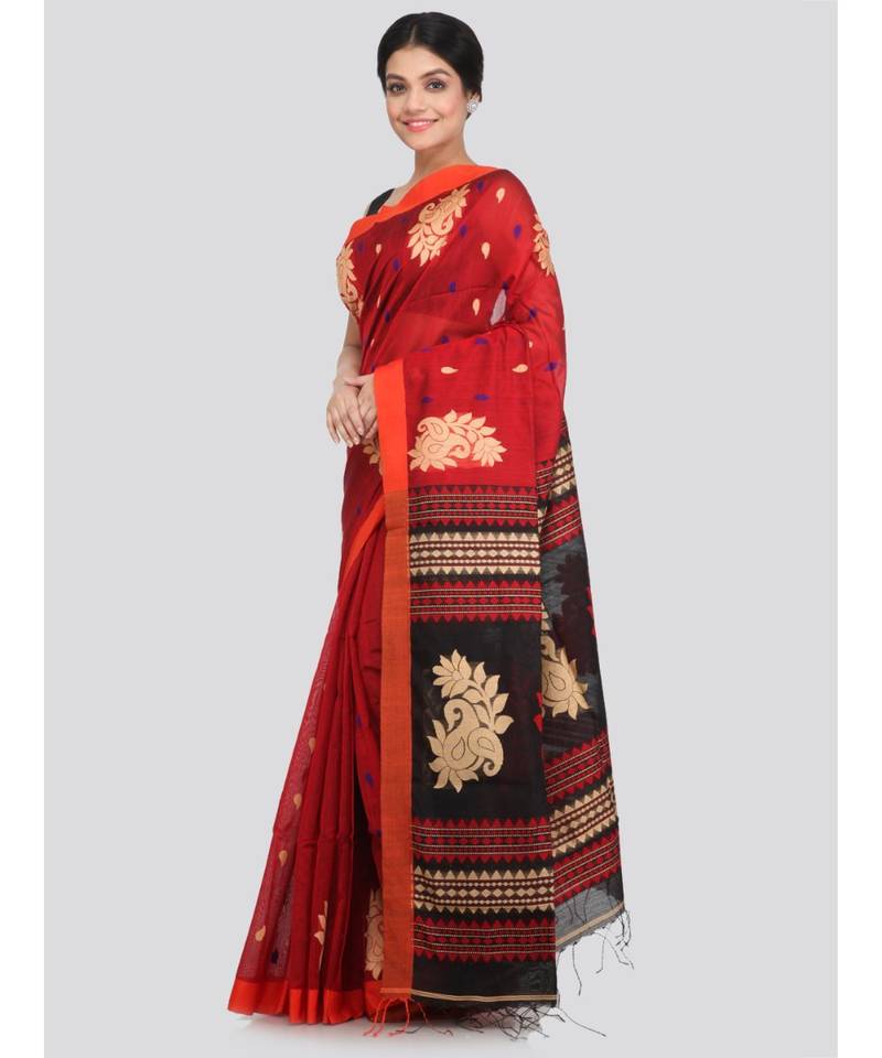 PinkLoom Women's red hand woven cotton silk sarees With Blouse