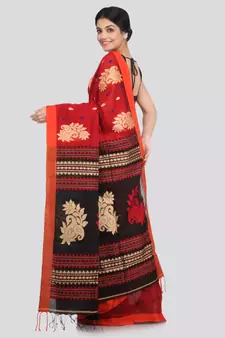 PinkLoom Women's red hand woven cotton silk sarees With Blouse