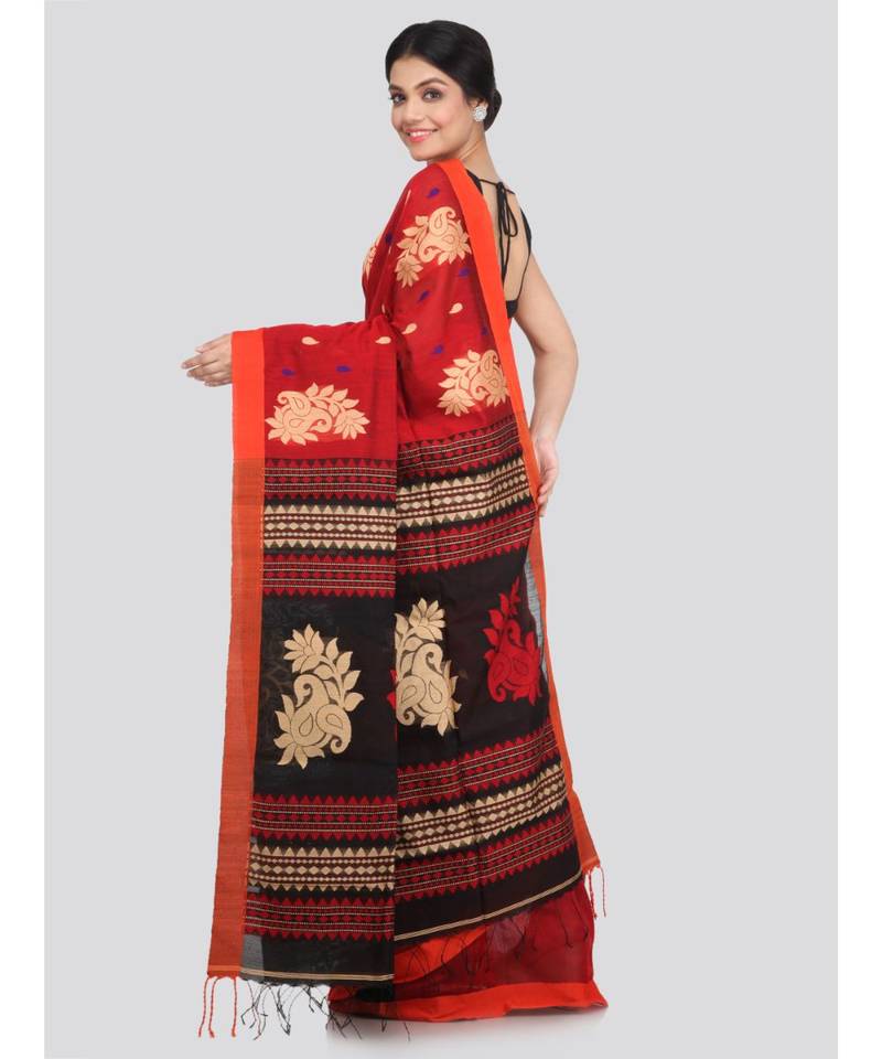 PinkLoom Women's red hand woven cotton silk sarees With Blouse