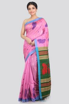 PinkLoom Women's pink hand woven cotton silk sarees With Blouse