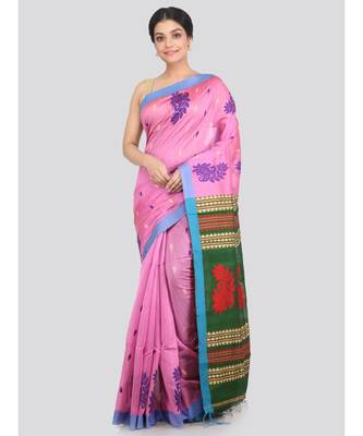 PinkLoom Women's pink hand woven cotton silk sarees With Blouse 1