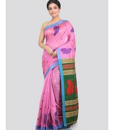 PinkLoom Women's pink hand woven cotton silk sarees With Blouse