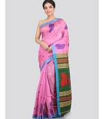 PinkLoom Women's pink hand woven cotton silk sarees With Blouse