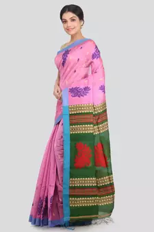 PinkLoom Women's pink hand woven cotton silk sarees With Blouse