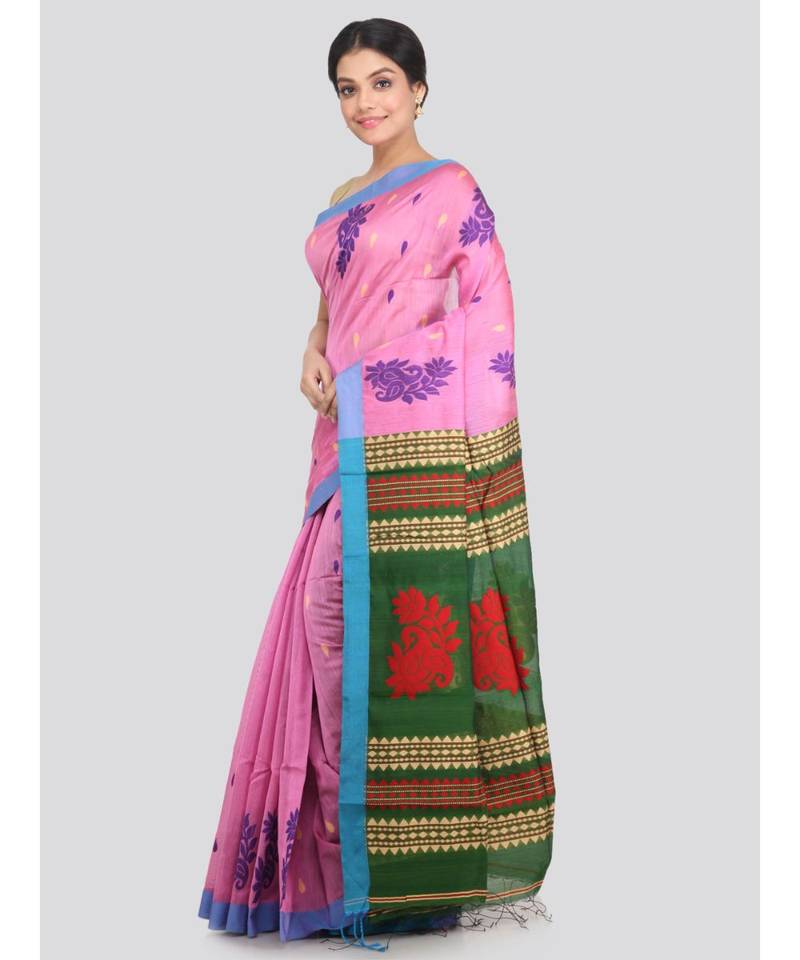 PinkLoom Women's pink hand woven cotton silk sarees With Blouse