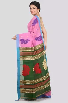 PinkLoom Women's pink hand woven cotton silk sarees With Blouse